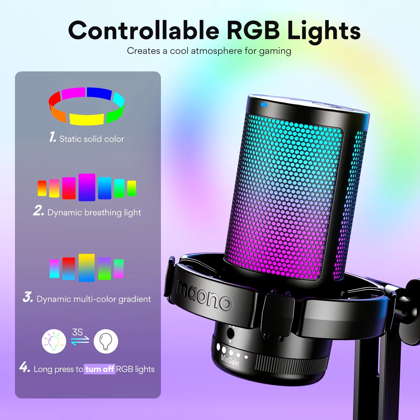 Microfone para jogos DGM20, microfone condensador USB, microfone para jogos RGB com software de redução de ruído, ganho de microfone, silenciador com uma tecla
