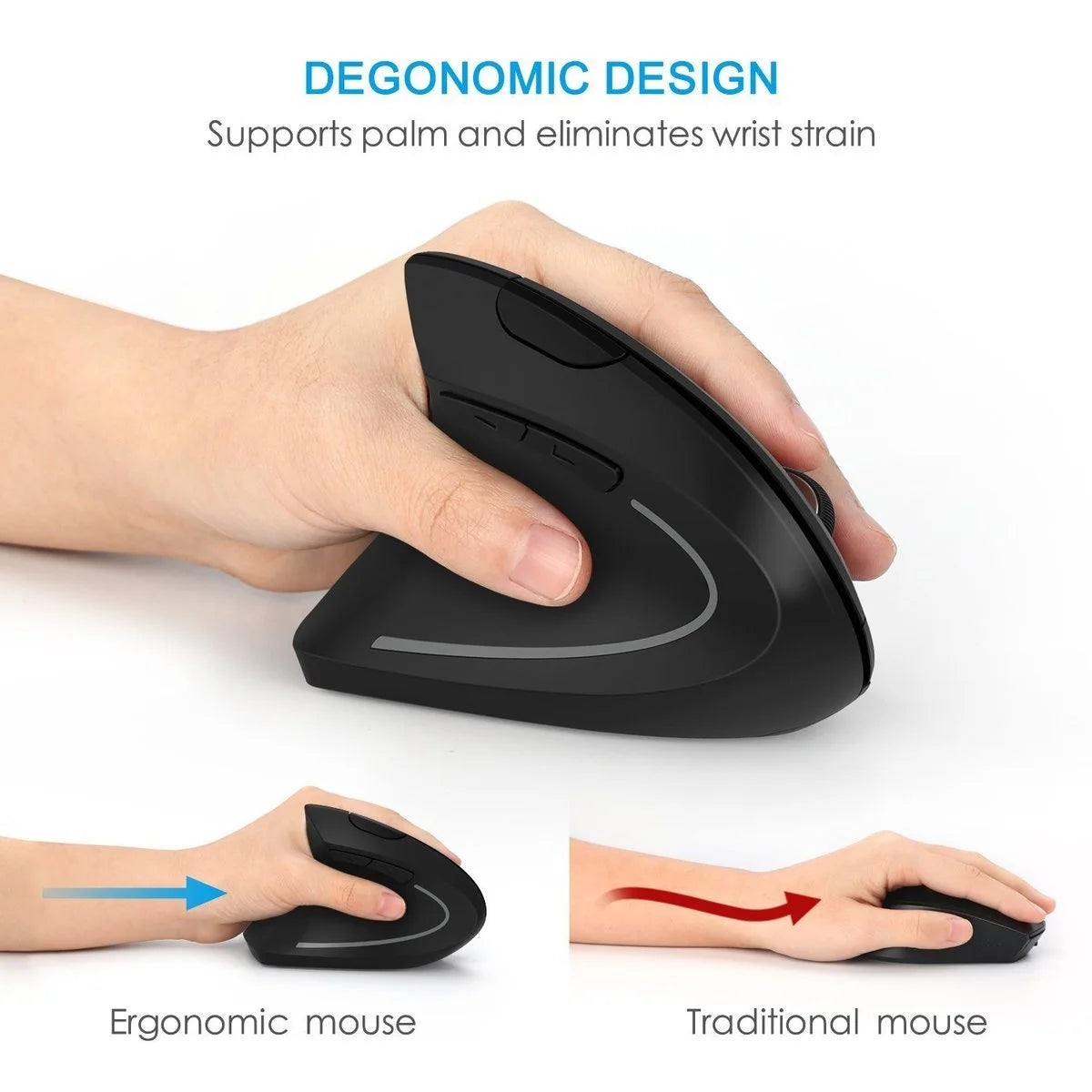 Mouse vertical ergonômico 2.4G sem fio para destros e canhotos, mouse óptico USB 6D para jogos de computador, para laptop e PC
