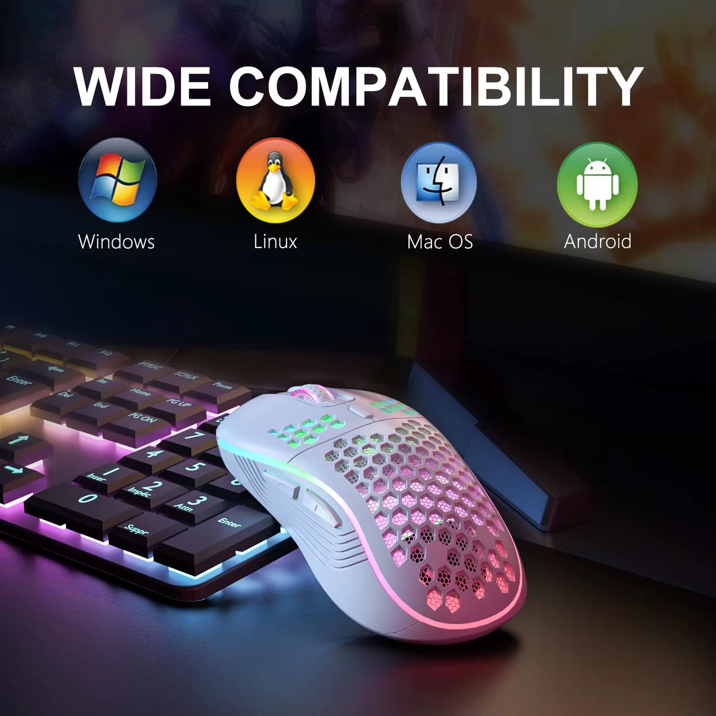 Mouse sem fio 2.4G com retroiluminação RGB, 6 botões, 3 velocidades DPI tipo C, recarregável, ergonômico, design em formato de favo de mel, mouse para jogos