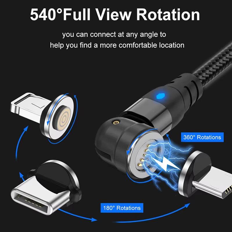 Cabo de dados magnético tipo C de 540°, carregamento rápido, cabo de telefone micro USB magnético para iPhone 12, cabo de fio Xiaomi