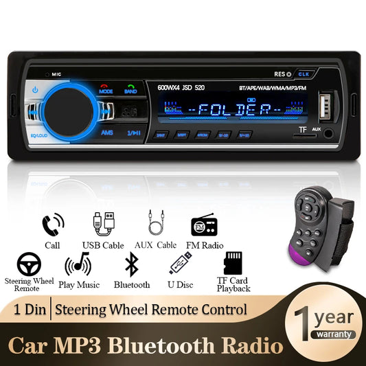 Rádio automotivo 1 Din estéreo digital Bluetooth MP3 player 60Wx4 FM rádio estéreo áudio música USB/SD com entrada auxiliar no painel