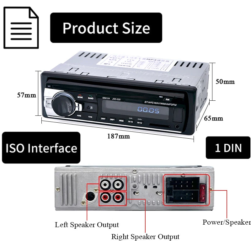 Rádio automotivo 1 Din estéreo digital Bluetooth MP3 player 60Wx4 FM rádio estéreo áudio música USB/SD com entrada auxiliar no painel