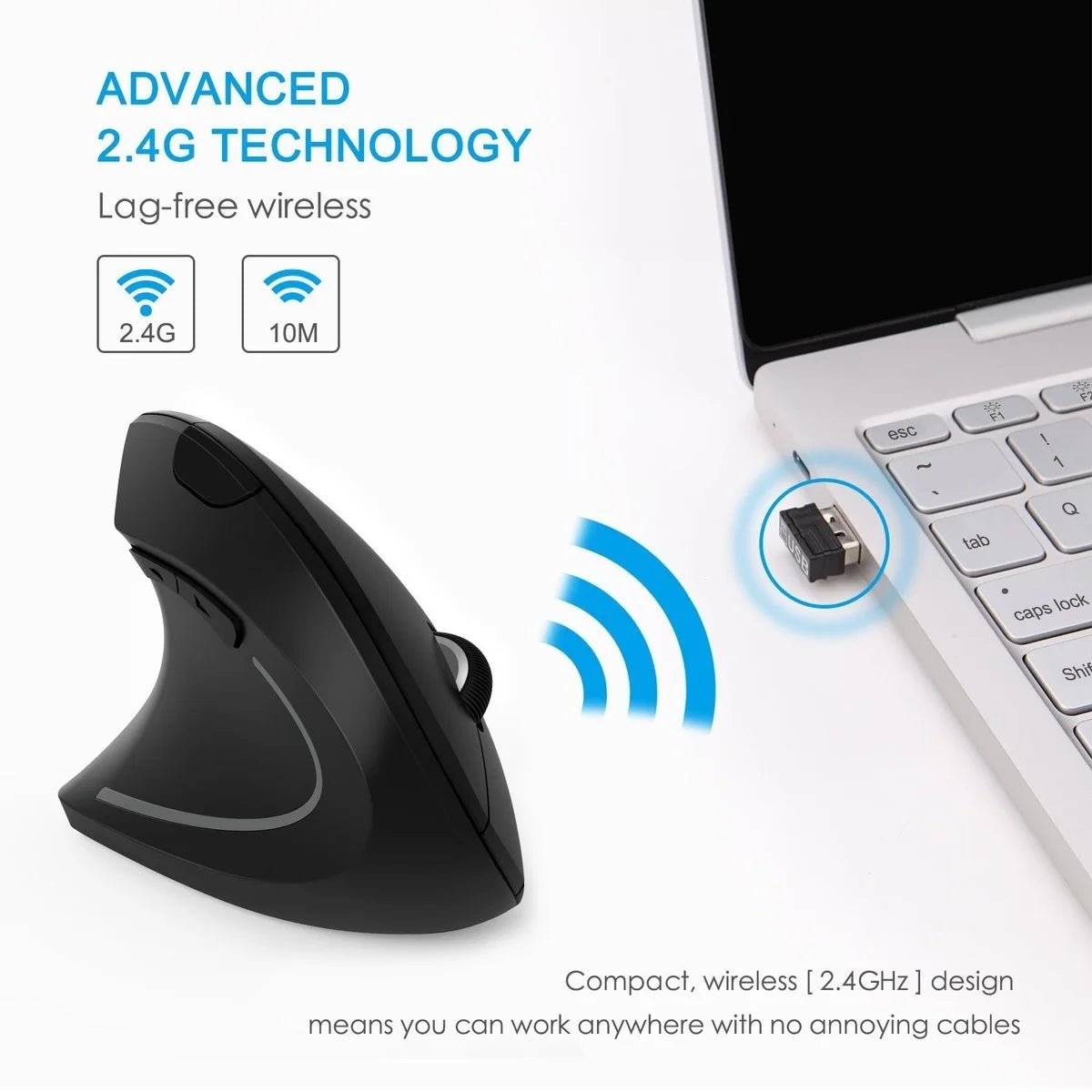 Mouse vertical ergonômico 2.4G sem fio para destros e canhotos, mouse óptico USB 6D para jogos de computador, para laptop e PC
