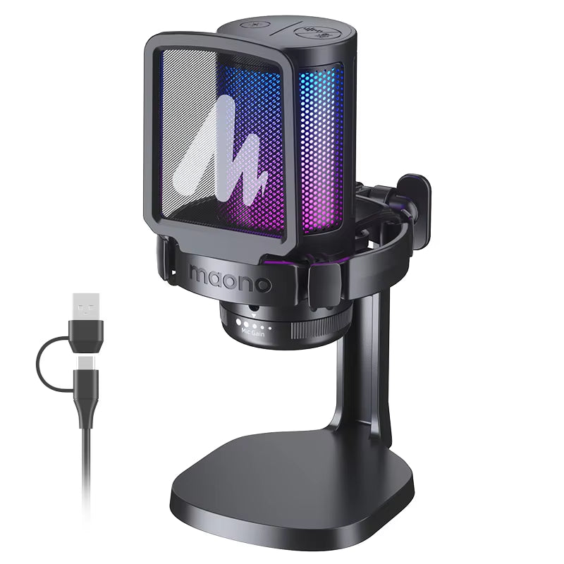 Microfone para jogos DGM20, microfone condensador USB, microfone para jogos RGB com software de redução de ruído, ganho de microfone, silenciador com uma tecla