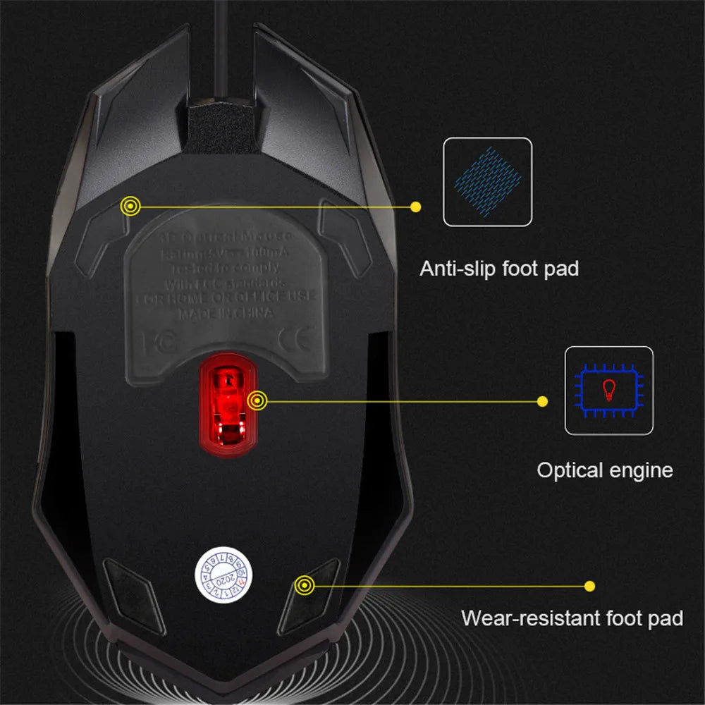 Mouse com fio USB E-Sports, mouse gamer LED colorido com fio de 5000 DPI, mouse óptico com fio para jogos, para desktop, laptop, PC, computador
