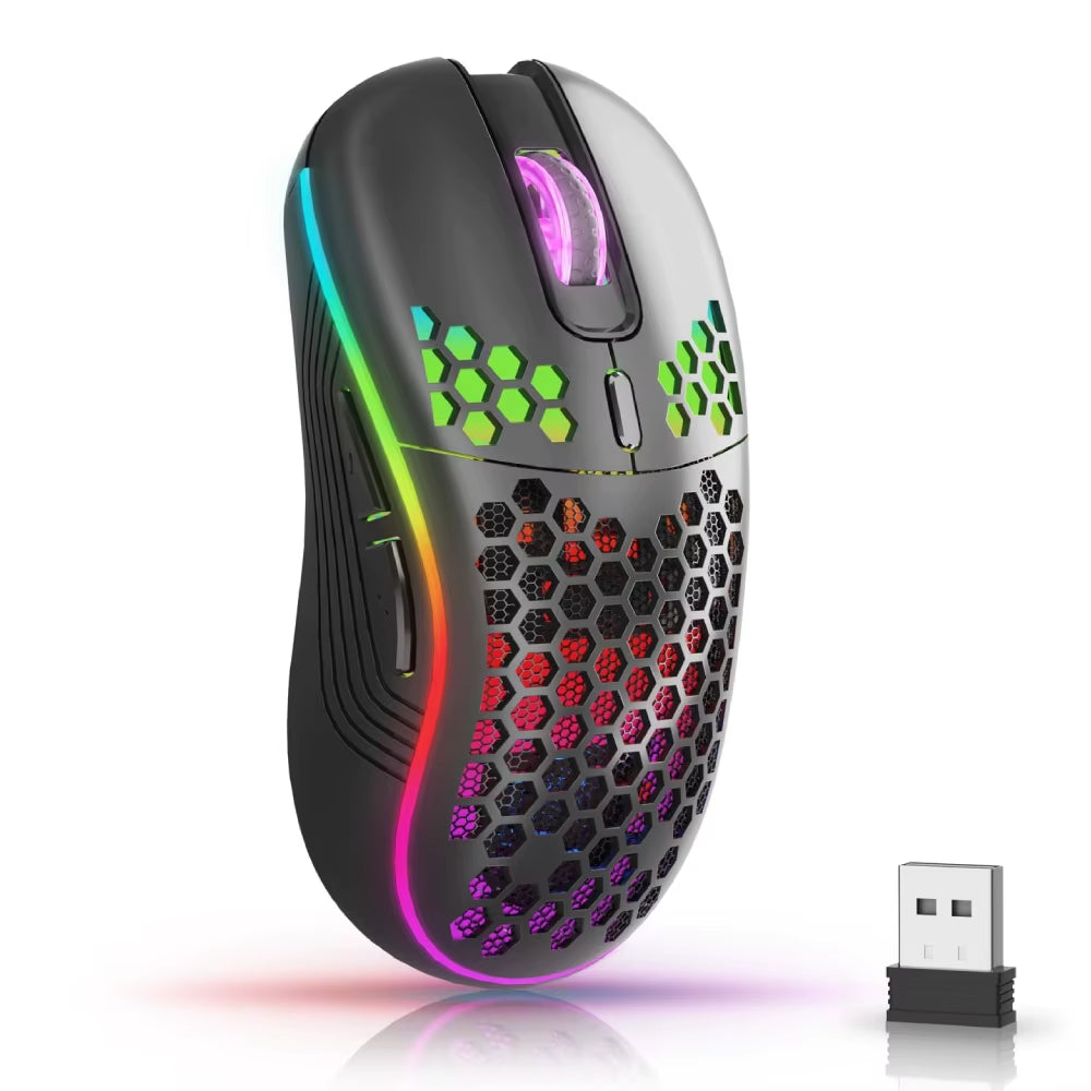 Mouse sem fio 2.4G com retroiluminação RGB, 6 botões, 3 velocidades DPI tipo C, recarregável, ergonômico, design em formato de favo de mel, mouse para jogos