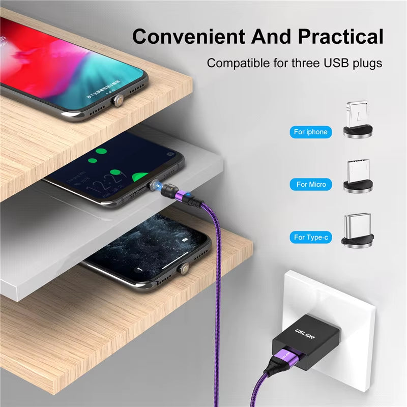 Cabo de dados magnético tipo C de 540°, carregamento rápido, cabo de telefone micro USB magnético para iPhone 12, cabo de fio Xiaomi