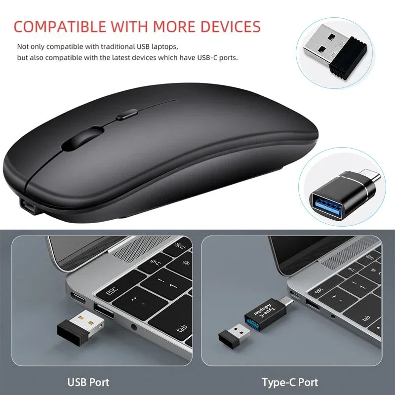 Mouse sem fio recarregável compatível com Bluetooth 2,4 GHz, modo duplo, mouse de computador com receptor nano para PC, laptop, Macbook