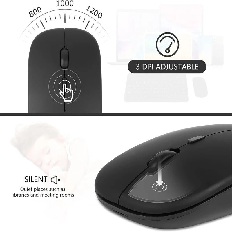 Mouse sem fio recarregável compatível com Bluetooth 2,4 GHz, modo duplo, mouse de computador com receptor nano para PC, laptop, Macbook