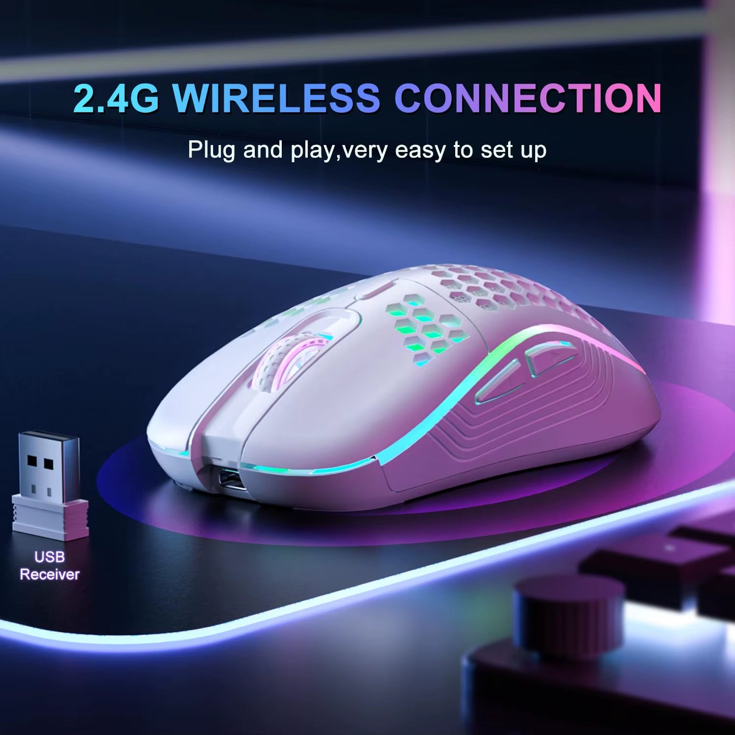 Mouse sem fio 2.4G com retroiluminação RGB, 6 botões, 3 velocidades DPI tipo C, recarregável, ergonômico, design em formato de favo de mel, mouse para jogos