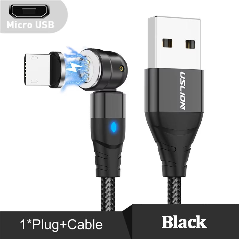 Cabo de dados magnético tipo C de 540°, carregamento rápido, cabo de telefone micro USB magnético para iPhone 12, cabo de fio Xiaomi