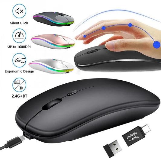 Mouse sem fio recarregável compatível com Bluetooth 2,4 GHz, modo duplo, mouse de computador com receptor nano para PC, laptop, Macbook