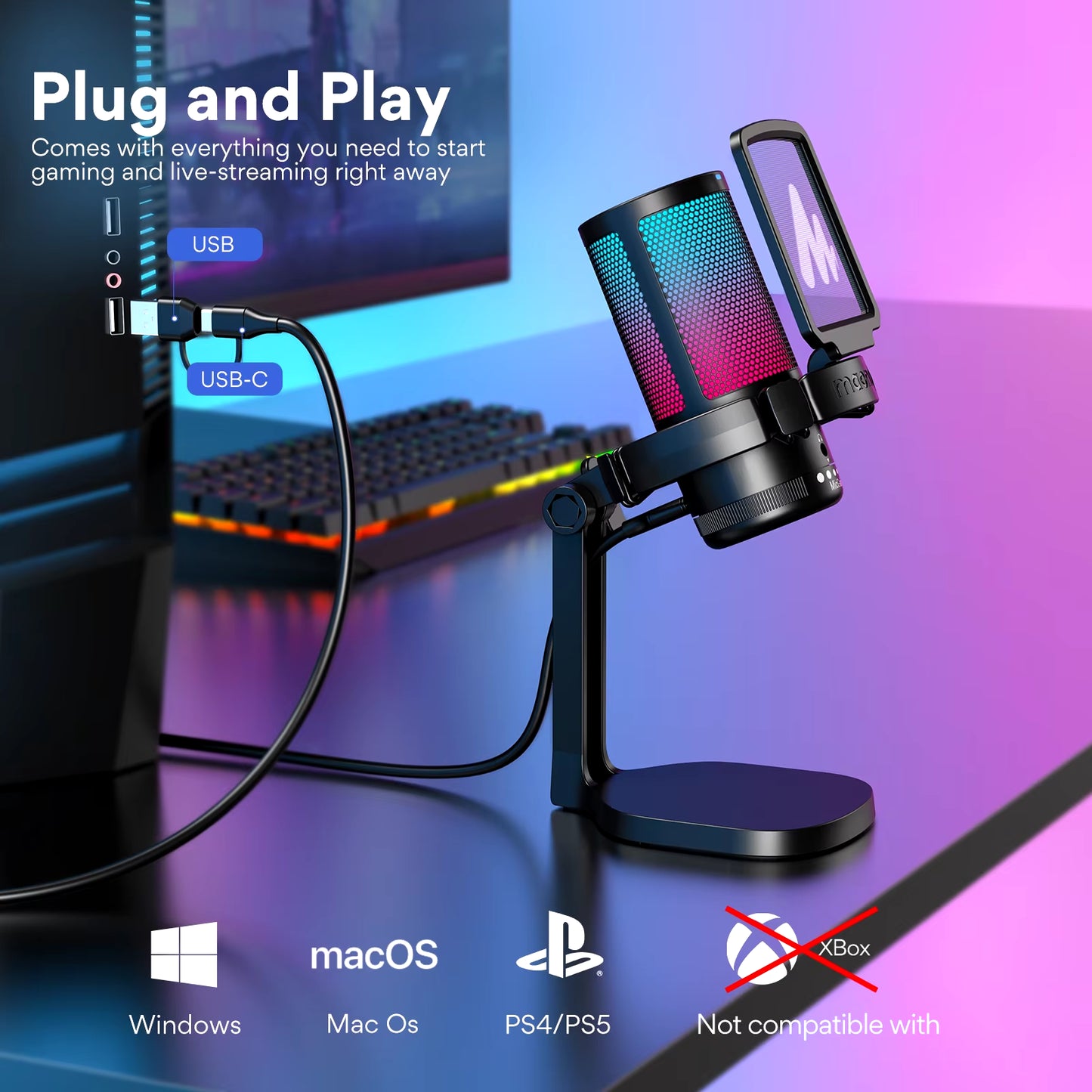 Microfone para jogos DGM20, microfone condensador USB, microfone para jogos RGB com software de redução de ruído, ganho de microfone, silenciador com uma tecla