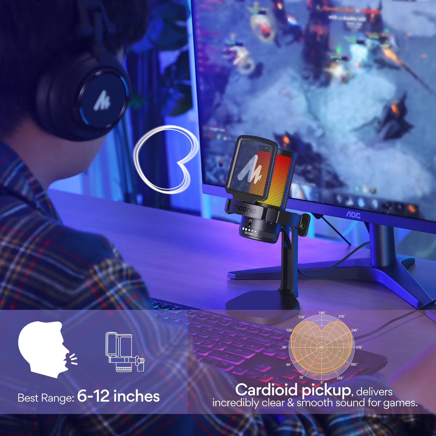 Microfone para jogos DGM20, microfone condensador USB, microfone para jogos RGB com software de redução de ruído, ganho de microfone, silenciador com uma tecla