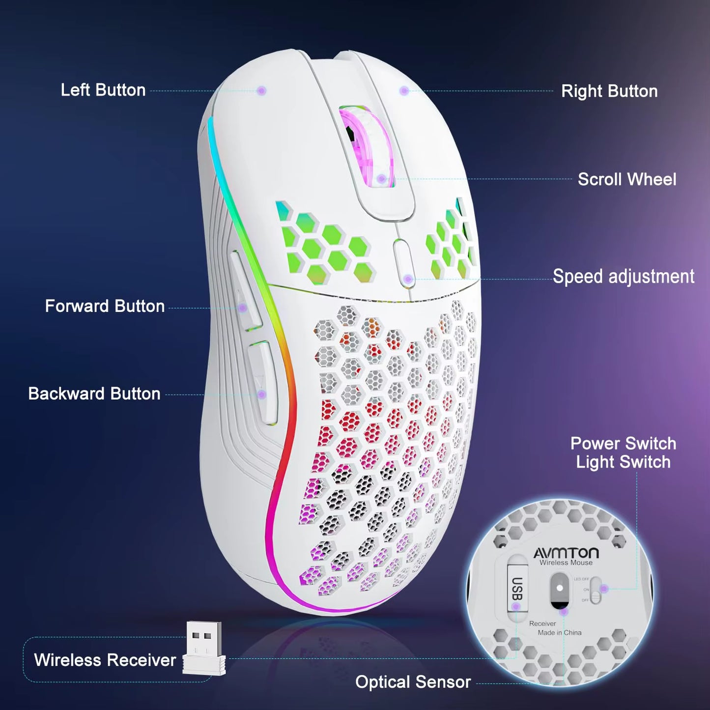 Mouse sem fio 2.4G com retroiluminação RGB, 6 botões, 3 velocidades DPI tipo C, recarregável, ergonômico, design em formato de favo de mel, mouse para jogos