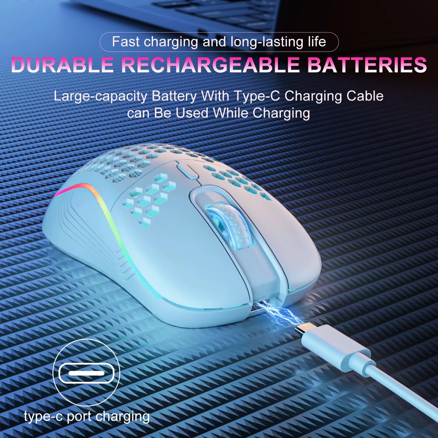 Mouse sem fio 2.4G com retroiluminação RGB, 6 botões, 3 velocidades DPI tipo C, recarregável, ergonômico, design em formato de favo de mel, mouse para jogos