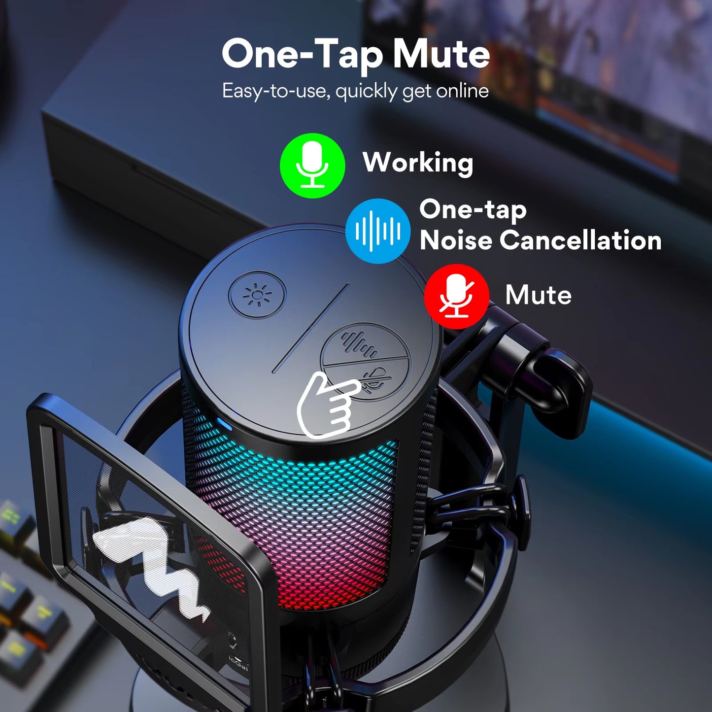 Microfone para jogos DGM20, microfone condensador USB, microfone para jogos RGB com software de redução de ruído, ganho de microfone, silenciador com uma tecla