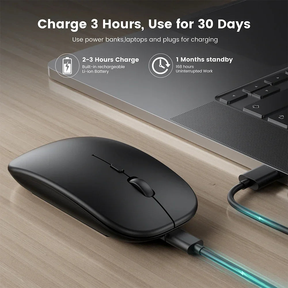 Mouse sem fio recarregável compatível com Bluetooth 2,4 GHz, modo duplo, mouse de computador com receptor nano para PC, laptop, Macbook