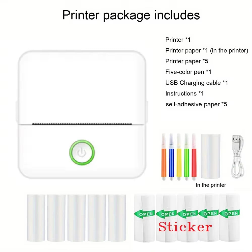 Mini impressora, fabricante de adesivos sem tinta, impressora de bolso pequena com corte gratuito, impressora térmica portátil para diário fotográfico, anotações e memorandos