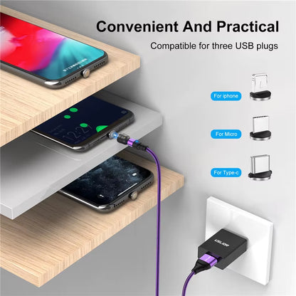 Cabo de dados magnético tipo C de 540°, carregamento rápido, cabo de telefone micro USB magnético para iPhone 12, cabo de fio Xiaomi
