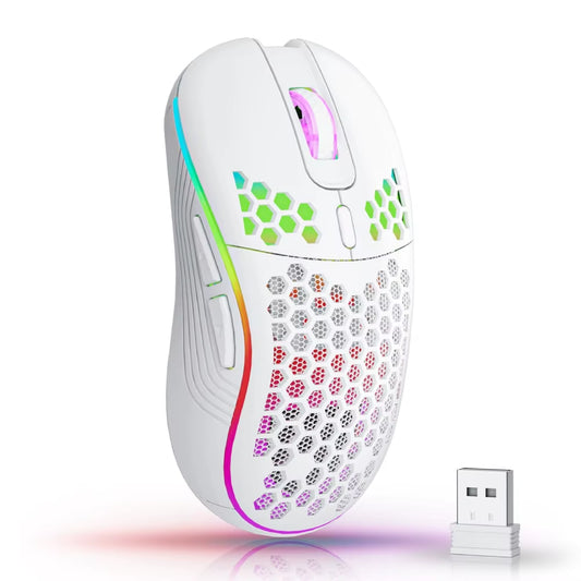 Mouse sem fio 2.4G com retroiluminação RGB, 6 botões, 3 velocidades DPI tipo C, recarregável, ergonômico, design em formato de favo de mel, mouse para jogos