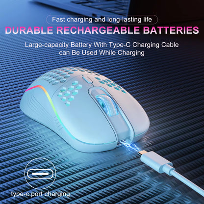 Mouse sem fio 2.4G com retroiluminação RGB, 6 botões, 3 velocidades DPI tipo C, recarregável, ergonômico, design em formato de favo de mel, mouse para jogos